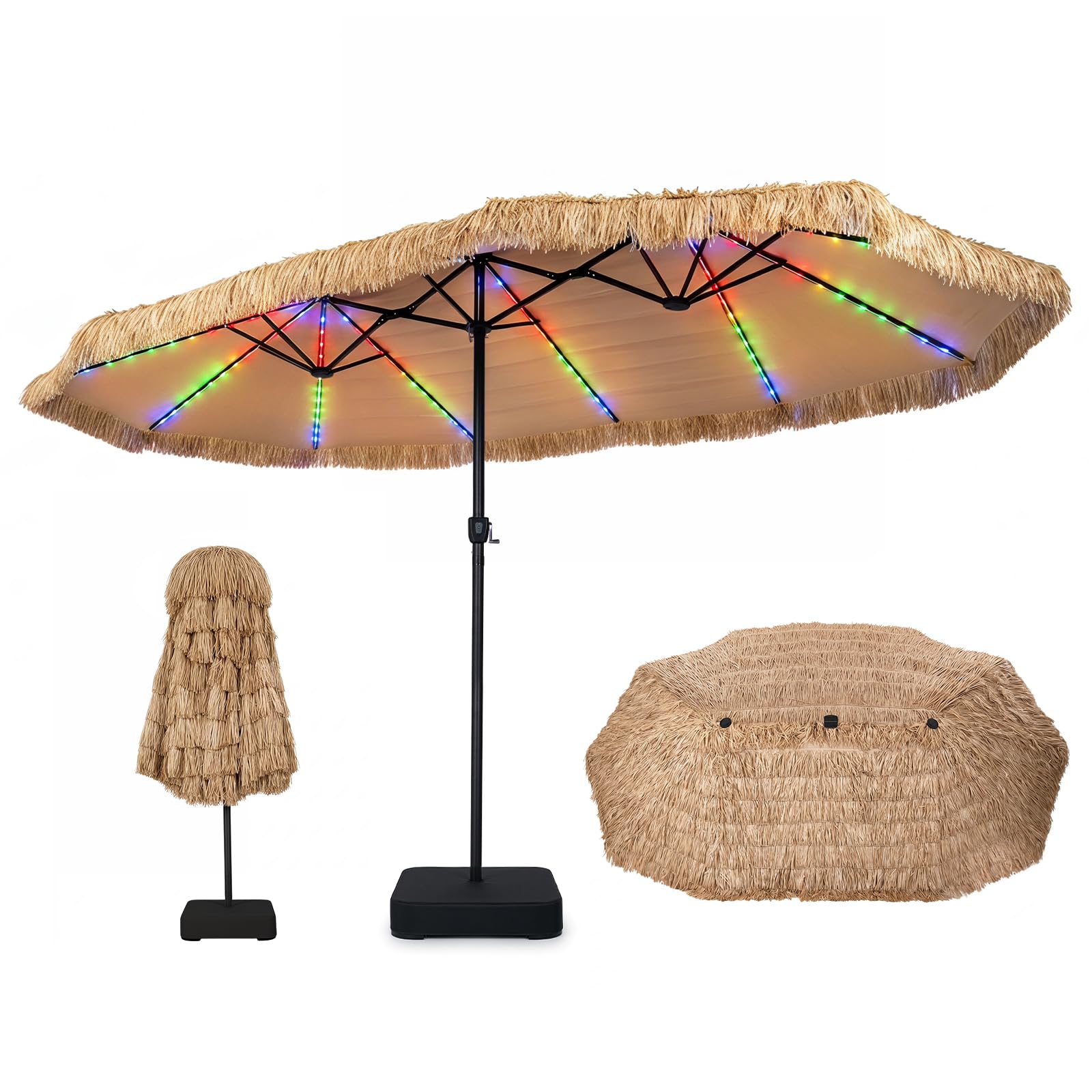 Tangkula 15 FT Solar Tiki Patio Umbrella with Base Included | Thatched PE Grass